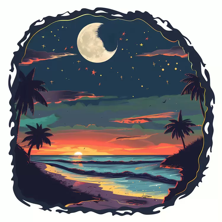 Ocean waves crashing on shore Palm trees and mountains at sunset and clouds Colorful sunset sky