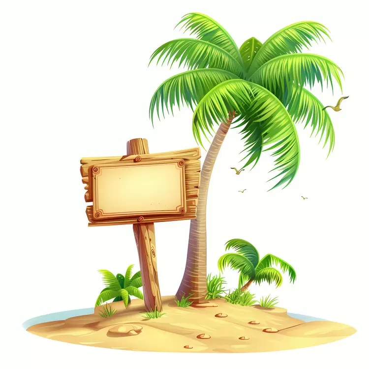 empty signboard coconut tree tropical paradise secluded beach