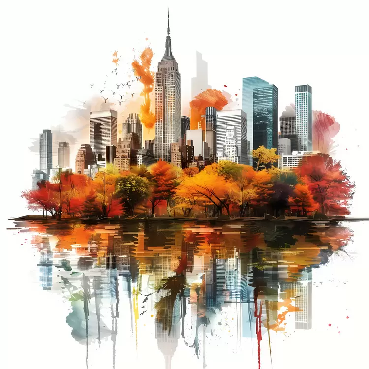 watercolor painting cityscape in autumn urban landscape reflection in water