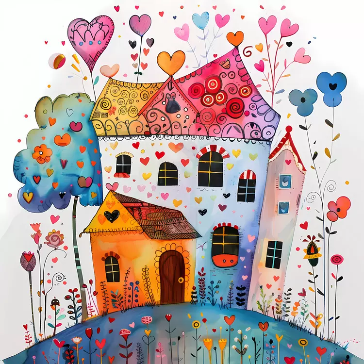 Whimsical colorful house with hearts