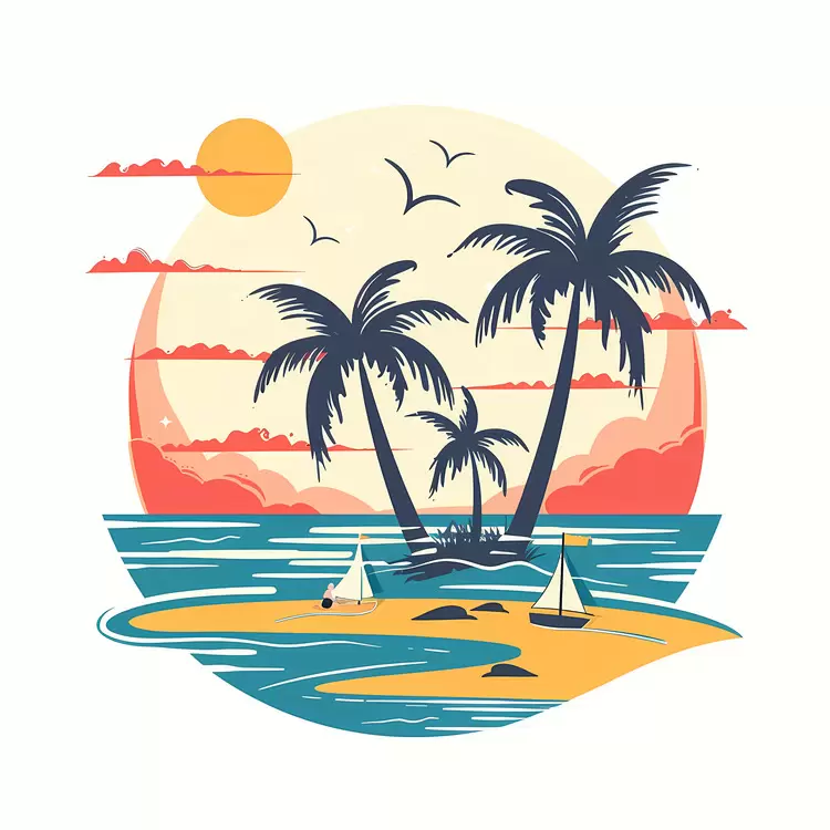 palm trees tropical sea and sky sunset sailboat