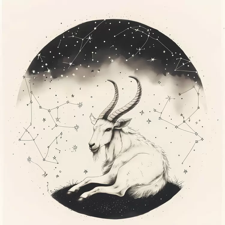 constellations astrology night sky black and white illustration mountain goat