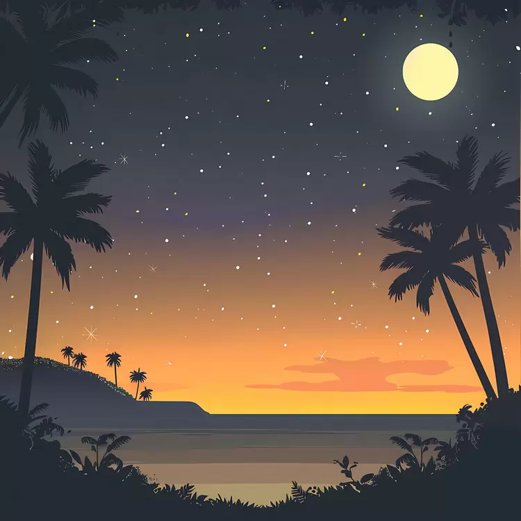 Island Moon Stars Palm Trees Lighthouse