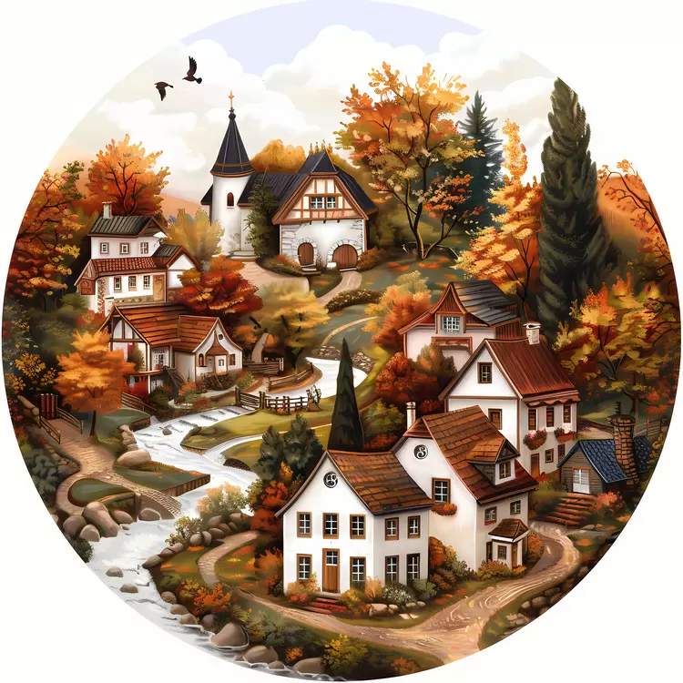 paintings autumn houses city orange