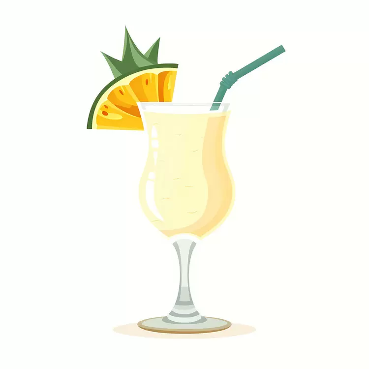 Glass Orange slice Ice cubes Pineapple slice Straw