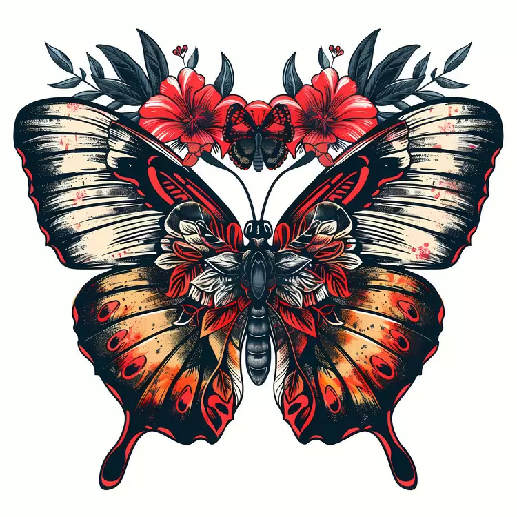 black and white tattoo art red flowers vintage style