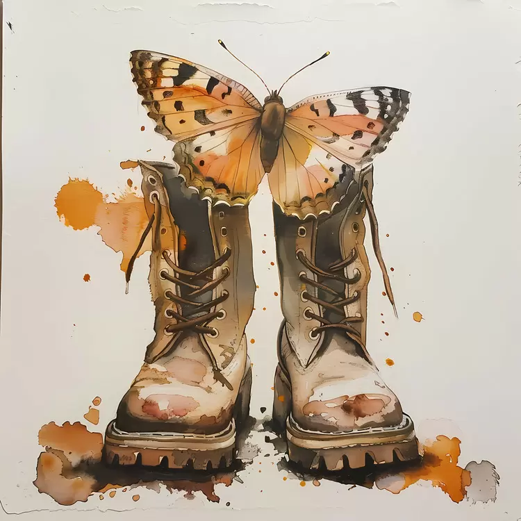 Soft shades of brown and orange Dirty butterfly boots weathered Watercolor painting