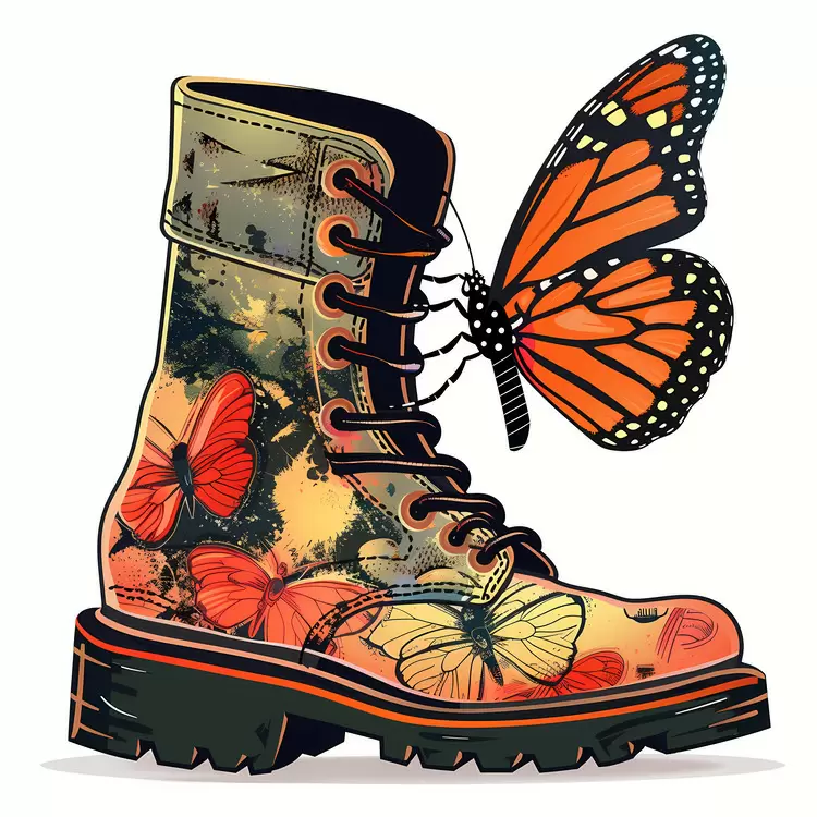 Military boot with butterfly boots Butterfly on military boot Shoe with insect