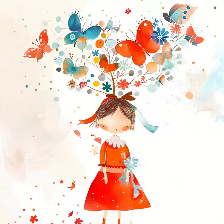 cartoon girl butterflies flowers colorful