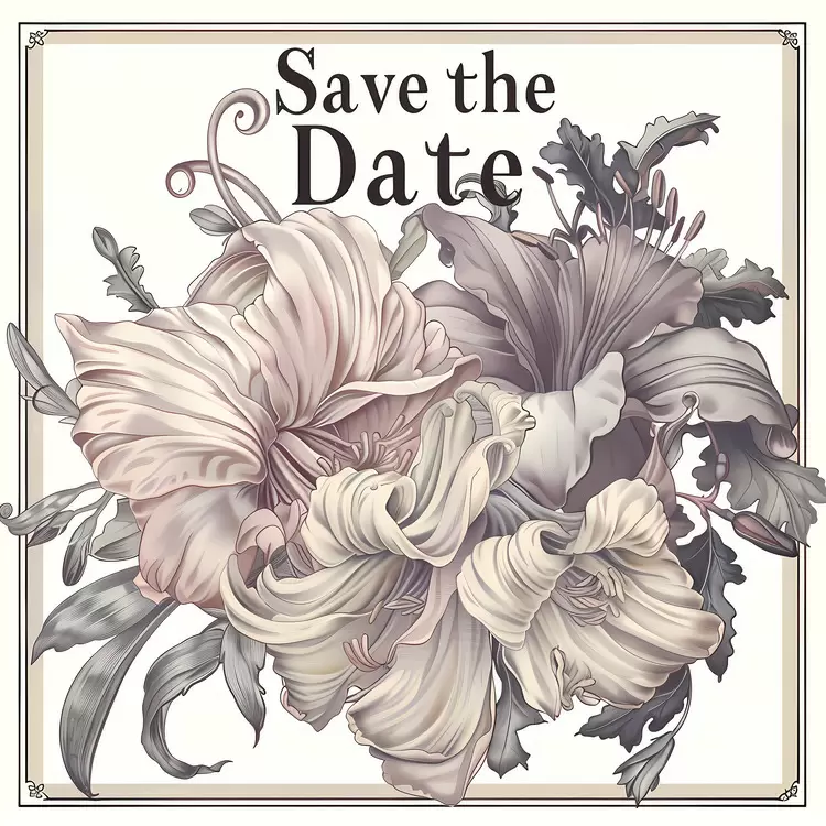 Save the Date floral design white flowers elegant feel ornate frame