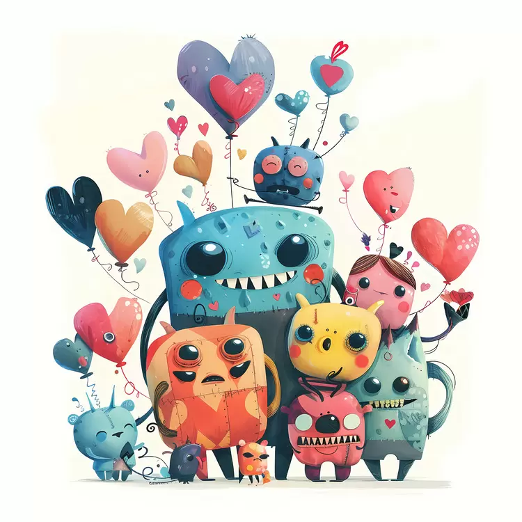Cute monsters with heart balloons