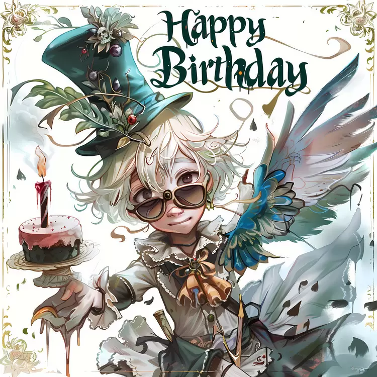 Character with top hat Cartoon art style Cartoon character Character with feathered tail Character with cake in hand