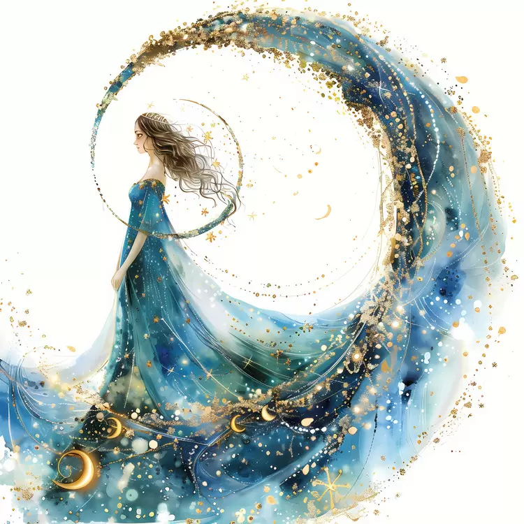 blue dress Virgo night sky gold glitter spiral