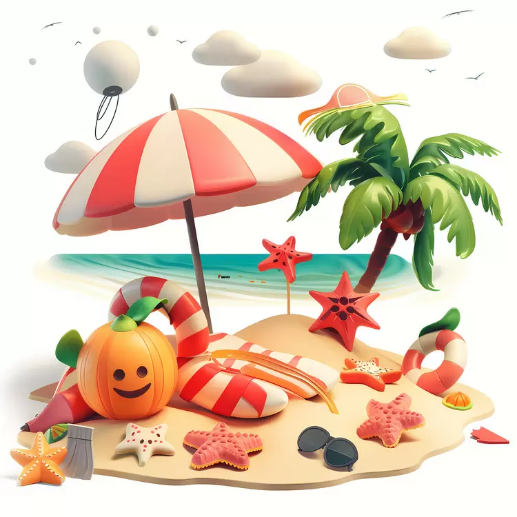 Summer Begins Parasol Flip flops Sun hat Cartoon