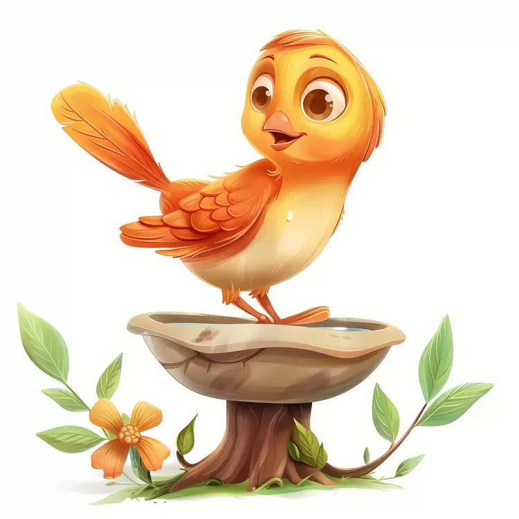 orange cartoon Bird Bath whimsical springtime