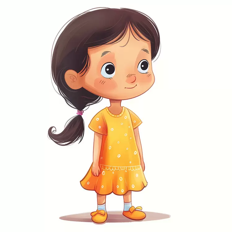 adorable cartoon character yellow dress childhood memories cute girl with brown hair happy child