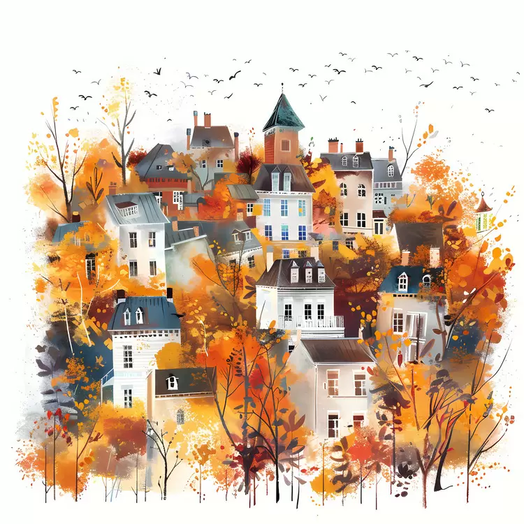 watercolor painting buildings foliage fall urban environment