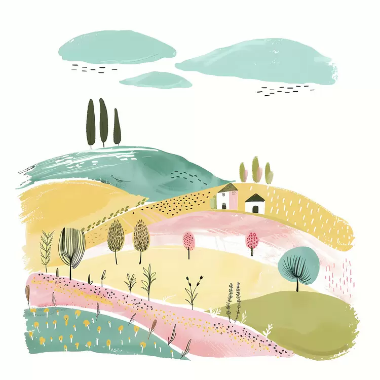 trees pastel watercolor flowers Countryside fields