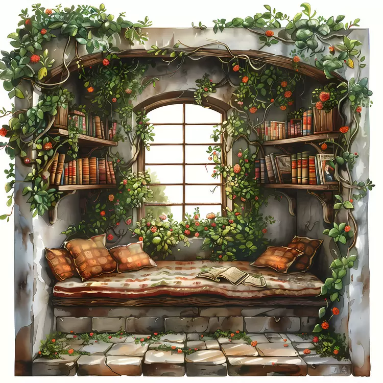 flowers sofa books curtains window