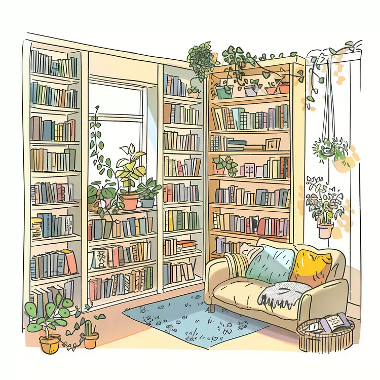 Lamp Bookshelves Reading nook Library Flower pots