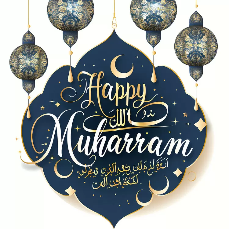 Starry night with gold ornaments Blue background Happy Muharram Arabic calligraphy Golden decorations