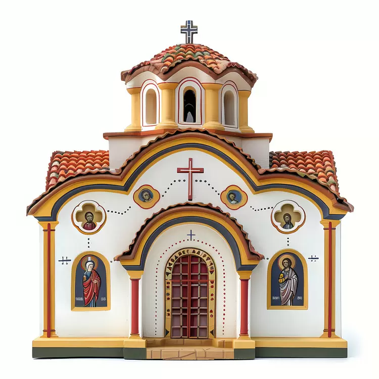 domes with colorful patterns religious symbols Greek Orthodox church arched windows iconography