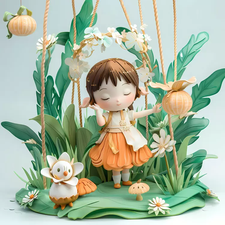 White background Hanging on a swing Animated Orange dress Childrens Day