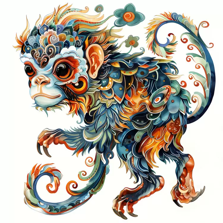 Colorful Chinese Zodiacs Monkey Floral Hand drawn