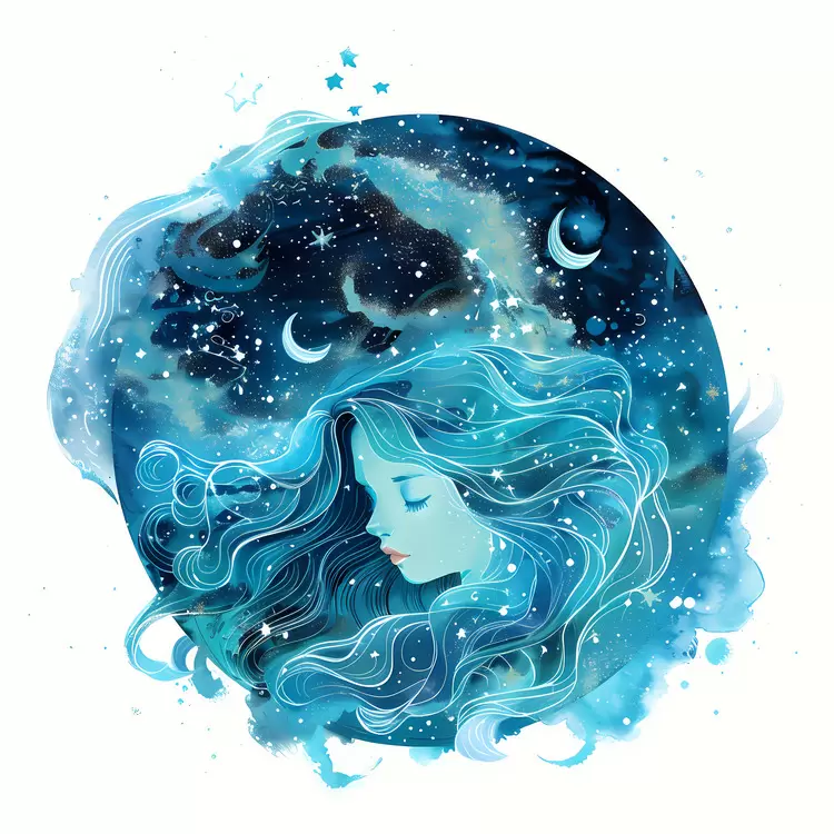 Nightscape Ocean waves Milky Way Aquarius Watercolor