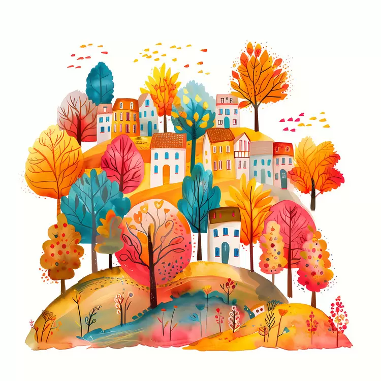 fall houses village painting city