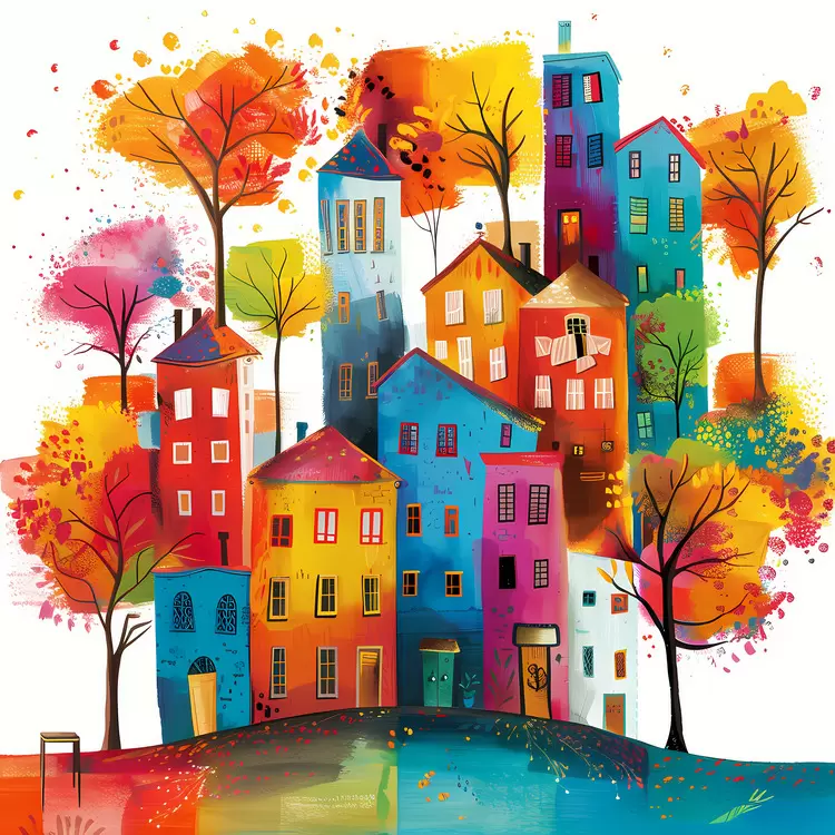 vibrant whimsical cityscape autumn quirky