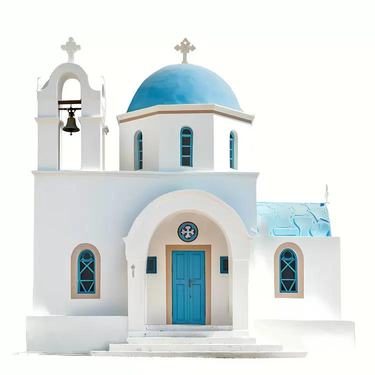 white walls blue dome red steps wooden door cross on top of the dome