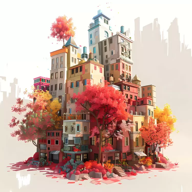 urban leafy tall buildings saturated colors city