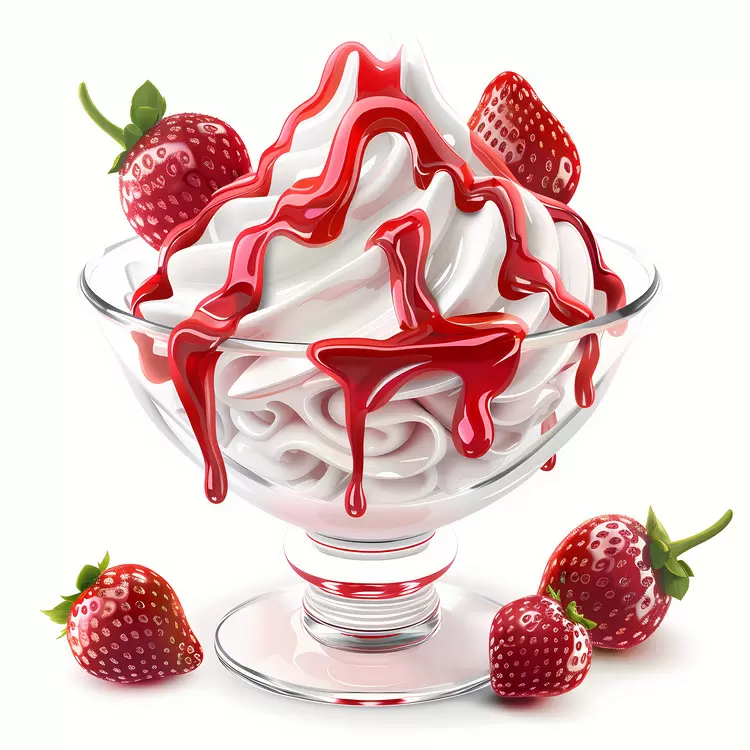 Creamy dessert with fruit Picture of a strawberry ice cream sundae Strawberry Sundae Sweet   with red syrup Ice cream dish with strawberry syrup