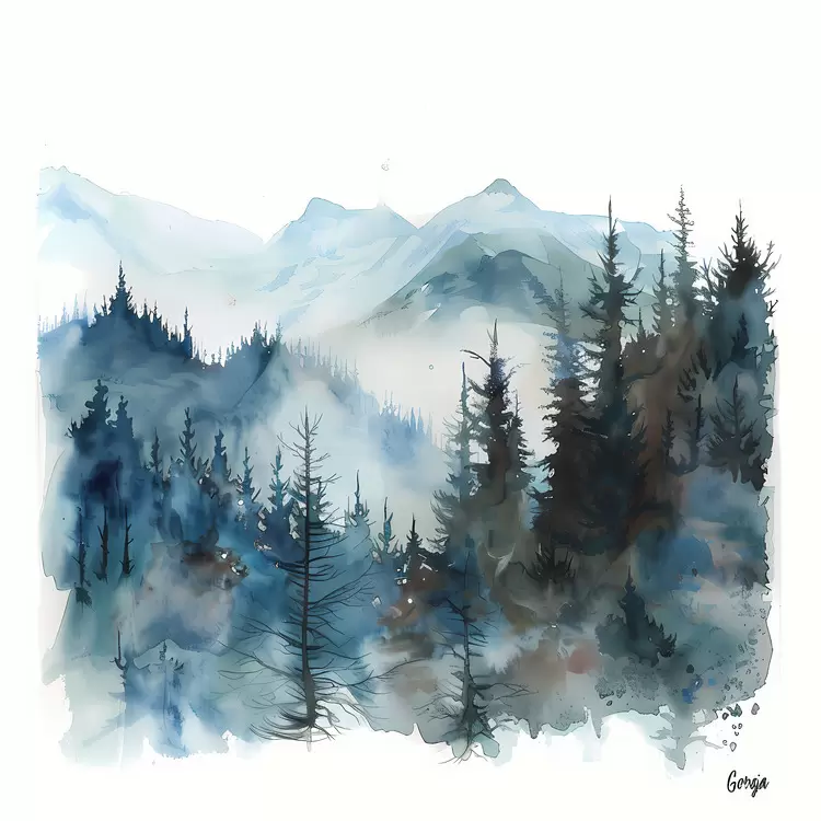 trees blue mountains watercolor misty
