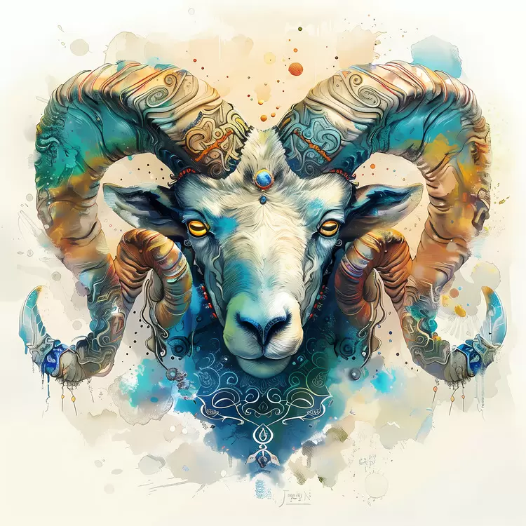 mythology Aries ram watercolor art horns