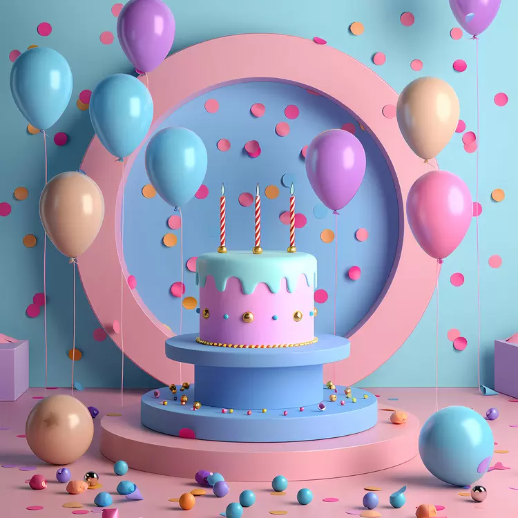 birthday party scene colorful cake pink and blue color scheme fun decorations