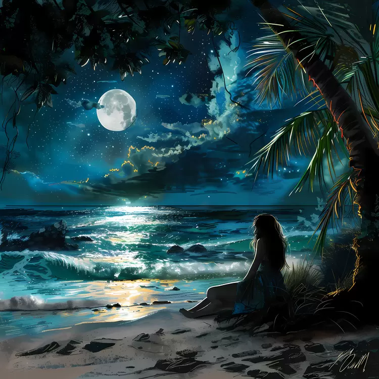 girl moonlight summer night ocean beach