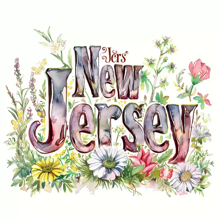 Maple leaf design New Jersey Words on the sidewalk Banner with state seal