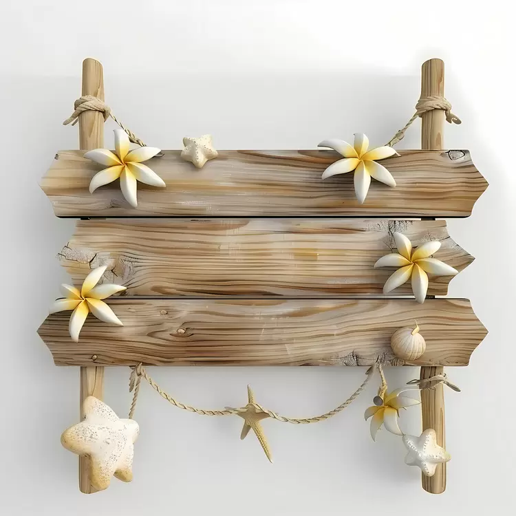 sign board wood board Seashells and flowers on wooden plank Natural elements on wooden plank Natural objects on wooden plank