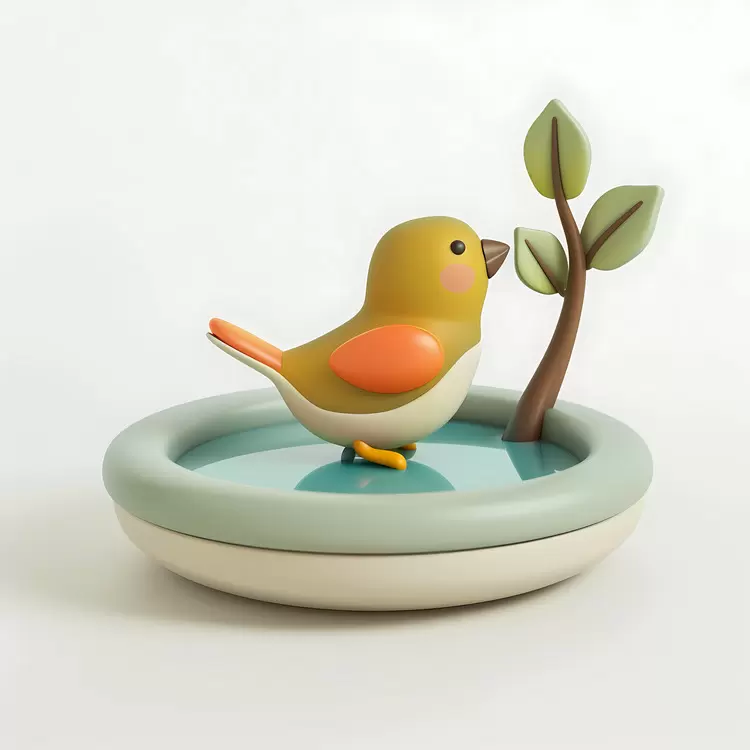 Orange and yellow bird on a water feature Feeding time for birds Birdhouse Green bird on a white plate