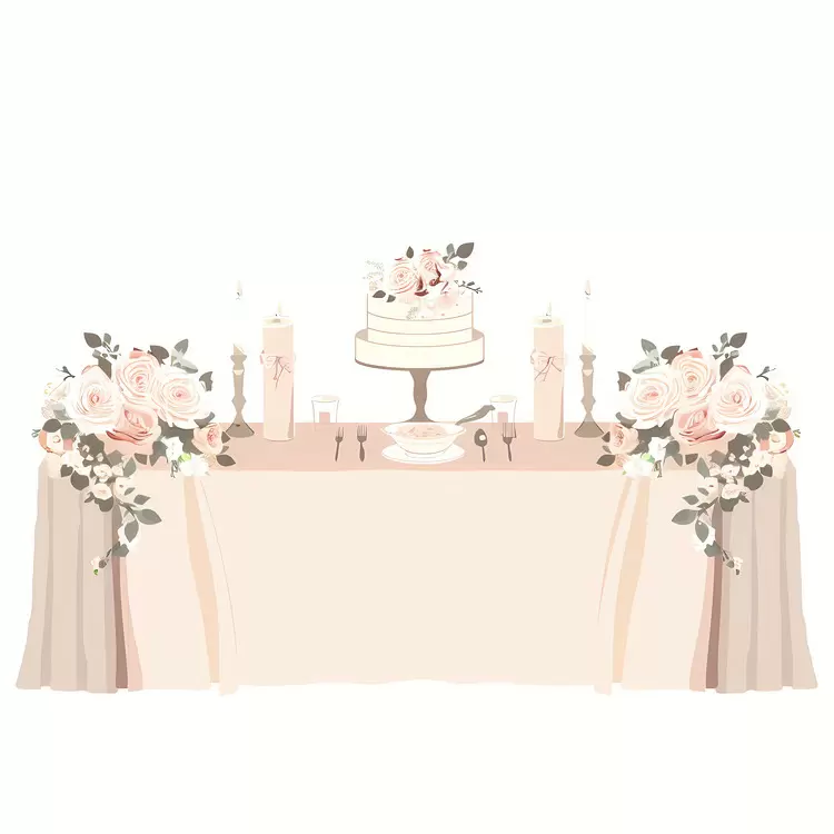 white tablecloth floral arrangements wedding cake candles