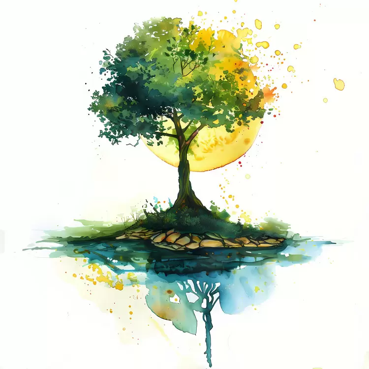 Island waterscape with a lush tree Island waterscape with a lush tree green tranquil