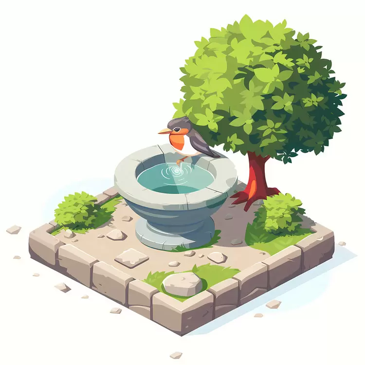 bird stone fountain water feature greenery