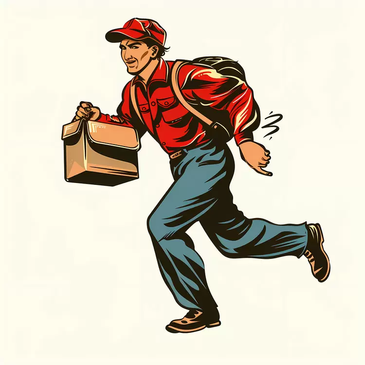 Red shirt Brown backpack Postal worker Box