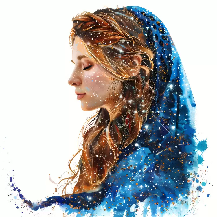 Eyes closed Water spots long hair Woman in a blue veil profile
