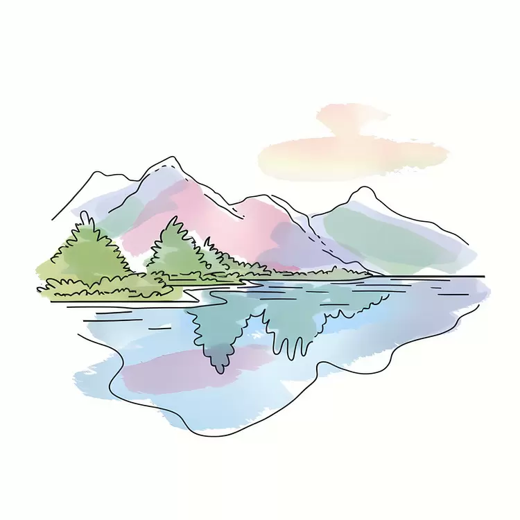 landscape art Lake reflection watercolor mountains