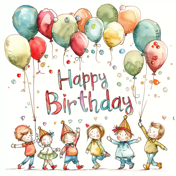 colorful illustration happy birthday artistic drawing kids having fun