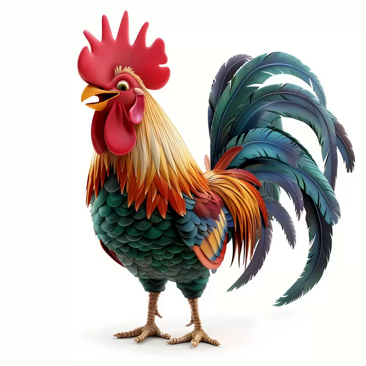 Colorful 3D rendered Rooster Red Fluffy Feathers Cartoon