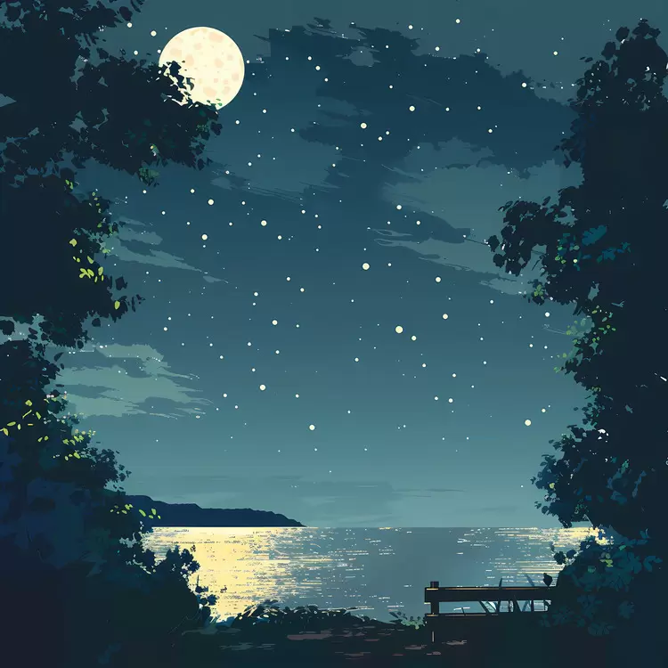 Stars Trees Bench Moon Water